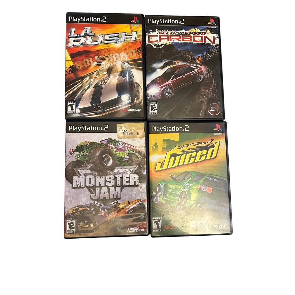 PS2 Racing Game Lot of 4- Need For Speed Carbon, L.A. Rush, Juiced, Monster Jam